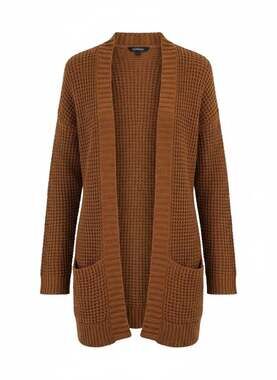 Women's Brown Waffle Knit Open Front Cardigan with Pockets